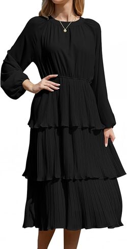 Women's Layered Ruffle Hem Casual Maxi Dress Chiffon Flowy Swing Midi Formal Dress Crew Neck Long Sleeve in Saudi Arabia