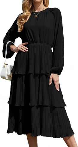 Women's Layered Ruffle Hem Casual Maxi Dress Chiffon Flowy Swing Midi Formal Dress Crew Neck Long Sleeve in Saudi Arabia