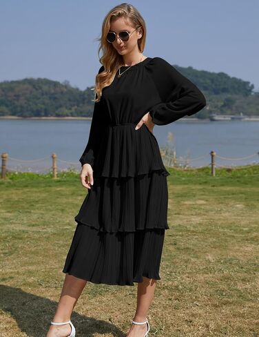 Women's Layered Ruffle Hem Casual Maxi Dress Chiffon Flowy Swing Midi Formal Dress Crew Neck Long Sleeve in Saudi Arabia