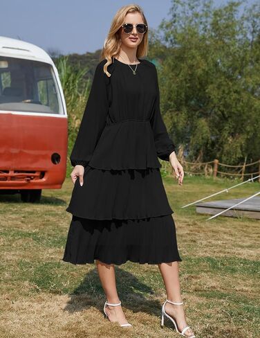 Women's Layered Ruffle Hem Casual Maxi Dress Chiffon Flowy Swing Midi Formal Dress Crew Neck Long Sleeve in Saudi Arabia
