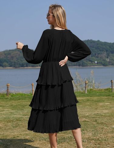Women's Layered Ruffle Hem Casual Maxi Dress Chiffon Flowy Swing Midi Formal Dress Crew Neck Long Sleeve in Saudi Arabia