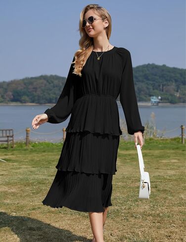 Women's Layered Ruffle Hem Casual Maxi Dress Chiffon Flowy Swing Midi Formal Dress Crew Neck Long Sleeve in Saudi Arabia