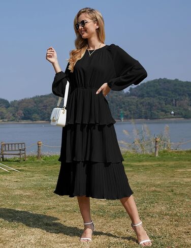Women's Layered Ruffle Hem Casual Maxi Dress Chiffon Flowy Swing Midi Formal Dress Crew Neck Long Sleeve in Saudi Arabia