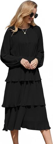 Women's Layered Ruffle Hem Casual Maxi Dress Chiffon Flowy Swing Midi Formal Dress Crew Neck Long Sleeve in Saudi Arabia