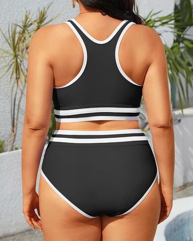 Yonique Plus Size High Waisted Bikini Sets Two Piece Color Block Swimsuits High Neck Racerback Bikini Sporty Bathing Suits in Saudi Arabia