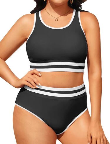 Yonique Plus Size High Waisted Bikini Sets Two Piece Color Block Swimsuits High Neck Racerback Bikini Sporty Bathing Suits in Saudi Arabia