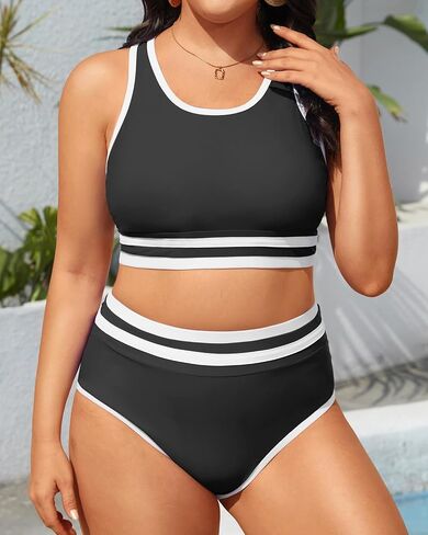 Yonique Plus Size High Waisted Bikini Sets Two Piece Color Block Swimsuits High Neck Racerback Bikini Sporty Bathing Suits in Saudi Arabia