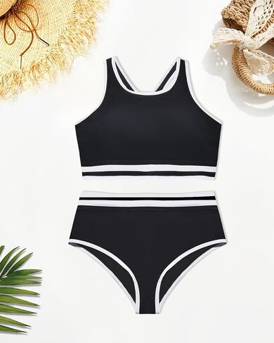 Yonique Plus Size High Waisted Bikini Sets Two Piece Color Block Swimsuits High Neck Racerback Bikini Sporty Bathing Suits in Saudi Arabia