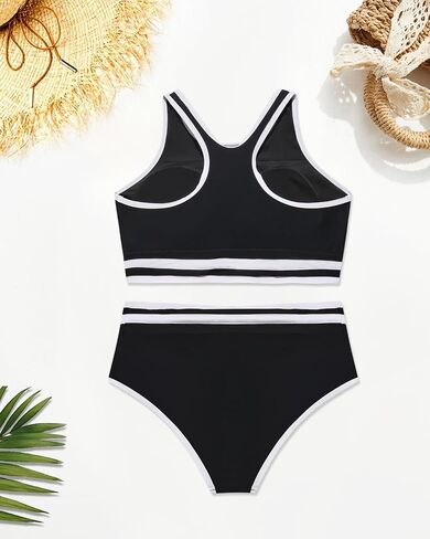 Yonique Plus Size High Waisted Bikini Sets Two Piece Color Block Swimsuits High Neck Racerback Bikini Sporty Bathing Suits in Saudi Arabia