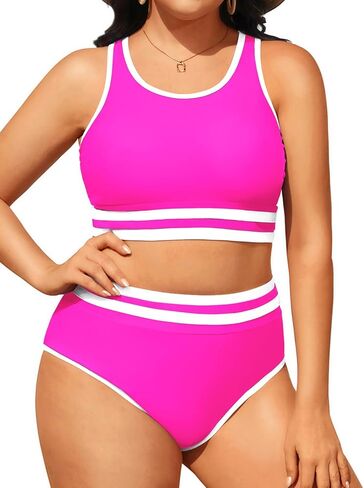 Yonique Plus Size High Waisted Bikini Sets Two Piece Color Block Swimsuits High Neck Racerback Bikini Sporty Bathing Suits in Saudi Arabia
