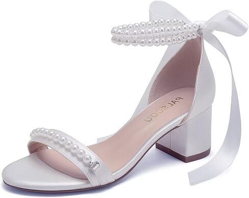 Block Heel Wedding Sandals, Pearl Embellished Ankle Strap, Low Heel Bridal Shoes for Women, Size EU 36-41 in Saudi Arabia