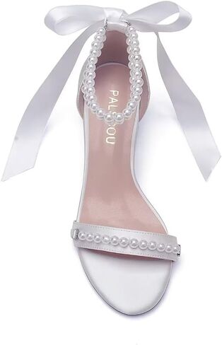 Block Heel Wedding Sandals, Pearl Embellished Ankle Strap, Low Heel Bridal Shoes for Women, Size EU 36-41 in Saudi Arabia