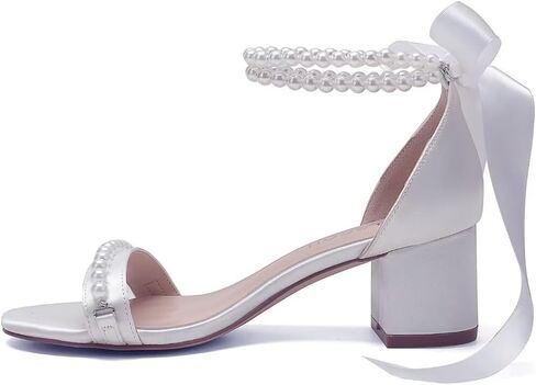 Block Heel Wedding Sandals, Pearl Embellished Ankle Strap, Low Heel Bridal Shoes for Women, Size EU 36-41 in Saudi Arabia