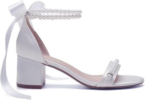 Block Heel Wedding Sandals, Pearl Embellished Ankle Strap, Low Heel Bridal Shoes for Women, Size EU 36-41 in Saudi Arabia