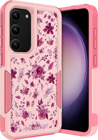 Glisten - Samsung Galaxy S23 Case, Samsung S23 5G Armor Case - Floral Burgundy Pattern Printed Heavy Duty Military Grade Protection Shockproof Pink Armor Phone Case/Cover for Galaxy S23 5G. in Kuwait