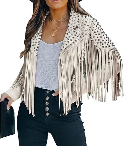 Fashion SX Women's fashionable short style rivet decoration tassel faux fur motorcycle jacket in Saudi Arabia