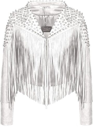 Fashion SX Women's fashionable short style rivet decoration tassel faux fur motorcycle jacket in Saudi Arabia