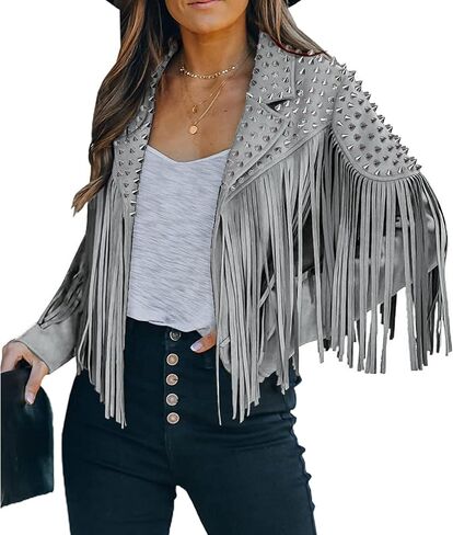 Fashion SX Women's fashionable short style rivet decoration tassel faux fur motorcycle jacket in Saudi Arabia