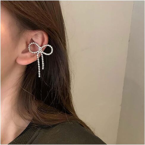 Boho Crystal Bow Ear Clip Earrings Vintage Silver CZ Cartilage Clip Earrings Rhinestone Bow Clip Cuff Earrings Minimalist Bow Wrap Hoop Earrings Jewelry for Women and Girls(left) in Saudi Arabia