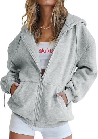 سترة Ezbelle النسائية ذات القلنسوة بسحاب كامل للخريف وسترة كبيرة الحجم كاجوال برباط مع جيوب in Kuwait