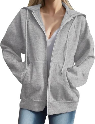 سترة Ezbelle النسائية ذات القلنسوة بسحاب كامل للخريف وسترة كبيرة الحجم كاجوال برباط مع جيوب in Kuwait