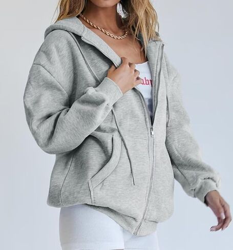 سترة Ezbelle النسائية ذات القلنسوة بسحاب كامل للخريف وسترة كبيرة الحجم كاجوال برباط مع جيوب in Kuwait