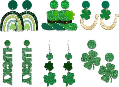 TRWWELL 6Pairs St Patrick's Day Acrylic Green Earrings for Women Leaf Lucky Shamrock Drop Earrings Rainbow Hat Clover Earrings Irish Holiday Jewelry Gift in Saudi Arabia
