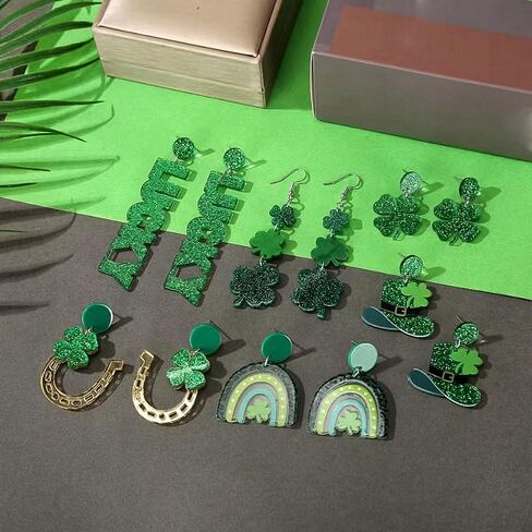 TRWWELL 6Pairs St Patrick's Day Acrylic Green Earrings for Women Leaf Lucky Shamrock Drop Earrings Rainbow Hat Clover Earrings Irish Holiday Jewelry Gift in Saudi Arabia