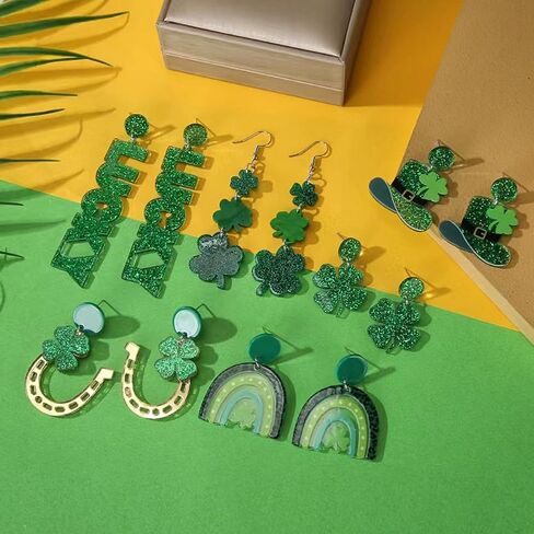 TRWWELL 6Pairs St Patrick's Day Acrylic Green Earrings for Women Leaf Lucky Shamrock Drop Earrings Rainbow Hat Clover Earrings Irish Holiday Jewelry Gift in Saudi Arabia