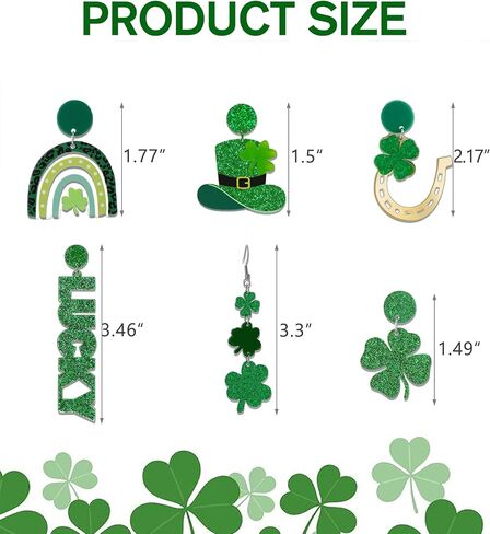 TRWWELL 6Pairs St Patrick's Day Acrylic Green Earrings for Women Leaf Lucky Shamrock Drop Earrings Rainbow Hat Clover Earrings Irish Holiday Jewelry Gift in Saudi Arabia
