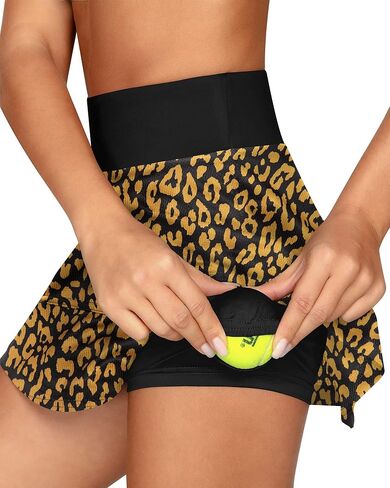 QUEENIEKE تنانير رياضية خفيفة الوزن للتنس مع جيوب قصيرة، تنانير جولف للجري للنساء، مقاس L، طباعة الفهد الأصفر in Kuwait