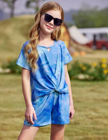 Arshiner الفتيات الصيف 2 قطعة ملابس التعادل صبغ مجموعات قصيرة عارضة تويست الجبهة كم قصير قمم وبنطلون مع جيوب in Kuwait