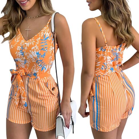 Women's Summer Sexy Romper 2023 Sleeveless V Neck Casual Waist Tie Short Jumpsuit with Pocket in Saudi Arabia