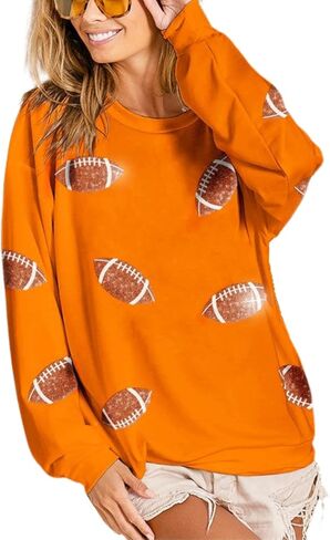 ChiyeeKiss Womens Sparkle Football Sequin Rugby Sweatshirt Game Day Y2K Crewneck Oversized Shirt Long Sleeve Fleece Pullover in Saudi Arabia