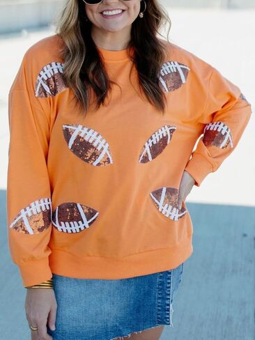 ChiyeeKiss Womens Sparkle Football Sequin Rugby Sweatshirt Game Day Y2K Crewneck Oversized Shirt Long Sleeve Fleece Pullover in Saudi Arabia