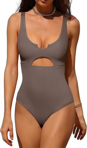 Charmo Ribbed One Piece Swimsuits for Women Cutout Scoop Neck Bathing Suit High Cut Padded Monokini in Kuwait