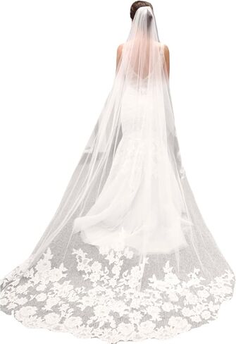 Ivory Lace Edge Bridal Veil with Comb, 118 Inches Length Tulle, Embroidery Lace Edge Layer Wedding Veil, Hair Accessories in Saudi Arabia