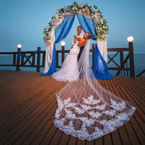 Ivory Lace Edge Bridal Veil with Comb, 118 Inches Length Tulle, Embroidery Lace Edge Layer Wedding Veil, Hair Accessories in Saudi Arabia