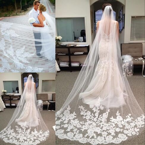 Ivory Lace Edge Bridal Veil with Comb, 118 Inches Length Tulle, Embroidery Lace Edge Layer Wedding Veil, Hair Accessories in Saudi Arabia