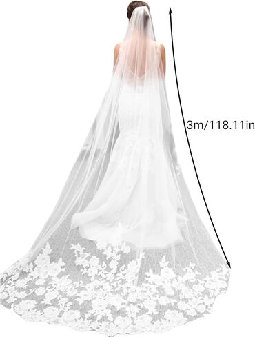 Ivory Lace Edge Bridal Veil with Comb, 118 Inches Length Tulle, Embroidery Lace Edge Layer Wedding Veil, Hair Accessories in Saudi Arabia