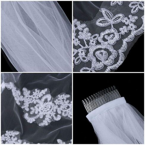 Ivory Lace Edge Bridal Veil with Comb, 118 Inches Length Tulle, Embroidery Lace Edge Layer Wedding Veil, Hair Accessories in Saudi Arabia