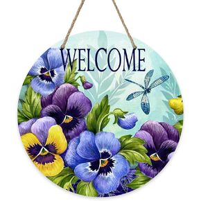Deroro Welcome Spring Summer Floral Flower Sign for Front Door Decor, Pansy Dragonfly Wood Door Hanger for Outdoor Outside Porch, Seasonal Vintage Wooden Wreath Indoor Wall Hanging Decoration