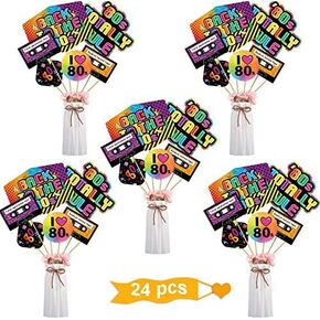24 Pieces 80's Party Decorations 1980's Retro Centerpiece Sticks Baby Shower or Birthday Party Centerpiece Sticks Table Toppers Photo Booth Props(Rock N Roll)