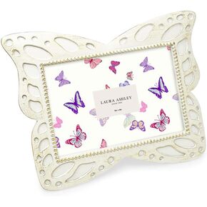 Laura Ashley 4x6 Horizontal White with Gold Resin Butterfly Picture Frame with Dotted Edges, Photo Frame with Black Fabric Easel, Made for Tabletop & Wall-Hanging Display (6x4, White with Gold)