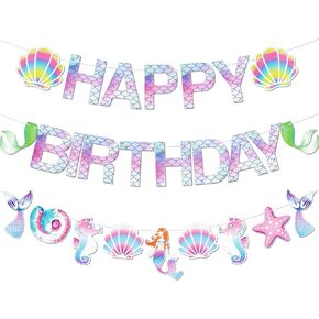 Mermaid 60pcs Birthday Party Decorations for Girls Women, iPartycool Mermaid Party Supplies Kits with Happy Birthday Banner, Pom Poms Flower, Hanging Swirl, Tassel Garland, Shell Confetti Balloons