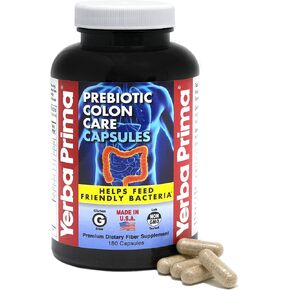 Yerba Prima Prebiotic Colon Care Capsules - 180 Count (Pack of 2), Gluten Free, Proudly Made in The USA, Non-GMO, Soluble & Insoluble Fiber, Supports A Healthy Functioning Colon