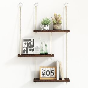 Fixwal Hanging Shelves for Wall, 3 Tier Boho Wall Decor Plant Rack Floating Shelves Rope Rustic Wood Organizer Storage Hanger for Aesthetic Home Bedroom Kitchen Bathroom- Rustic Brown