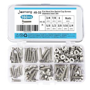 220PCS #6-32 UNC 304-Stainless Steel Flat Head Countersunk Hex Socket Cap Bolts Screws, Nuts Assortment Kit, Includes 9 Most Common Sizes (#6-32×5/8", 3/4", 7/8", 1", 1/2", 3/8", 5/16", 1/4", 3/16")