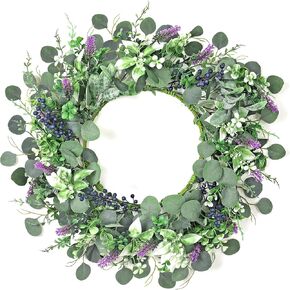 Dremisland 22'' Green Eucalyptus Wreaths for Front Door Spring Summer Wreath with Berries and Lavender for Indoor Outdoor Farmhouse Home Porch Wall Window Festival Wedding Decor