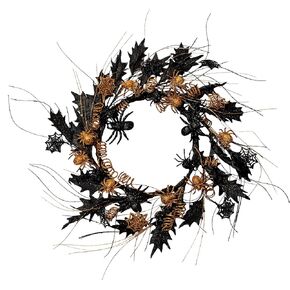 22inch Black Halloween Spider Wreath with Mapple Leaves and Ornaments Country Wreath Rustic Wreath for Home and Window Decor